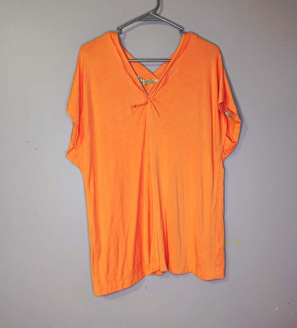 Soft Surroundings Women's Orange V-Neck Ruched Dolman Stretch Jersey Tee M